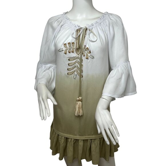 Boheme Skemo Daydream Mini Dress S White Yellow Green Embroidered Beads Tassels - Picture 1 of 16